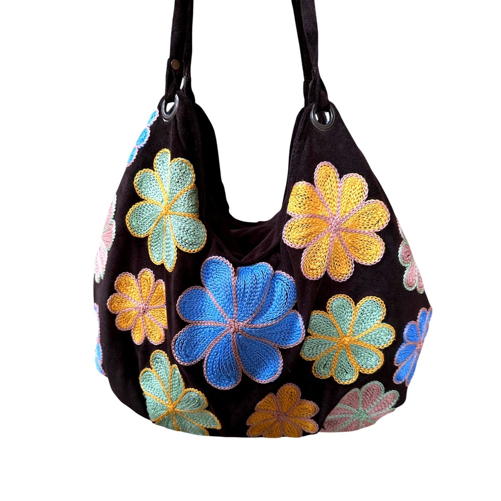 Floral Embroidered Hobo Bag Large Brown Boho Retro Festival Shoulder
